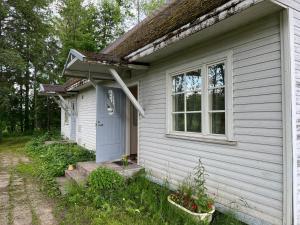 a white house with a blue door and a window at Сottage under the trees in Rajaküla