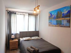 a bedroom with a bed and a large window at Apartments 4 You in Wrocław
