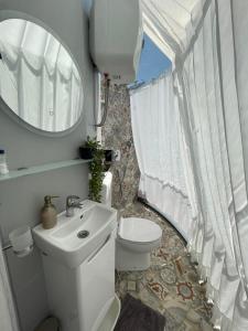 a bathroom with a toilet and a sink and a mirror at Cupola glamping dome Sarajevo in Sarajevo