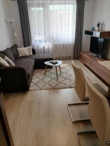 un soggiorno con divano e tavolo di Joy Apartman a Sovata