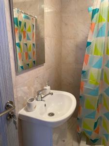 a bathroom with a sink and a shower curtain at Casa Theopa in Corbu