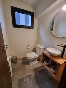 a bathroom with a toilet and a sink and a mirror at AIKEN con cochera in San Martín de los Andes +8 photos