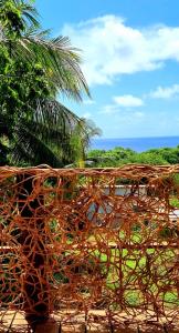 un pedazo de metal sentado en el suelo junto a un árbol en Pousada Magia, en Fernando de Noronha