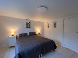 a bedroom with a bed and two lights on two tables at Stay Bai-Jensen in Aabenraa