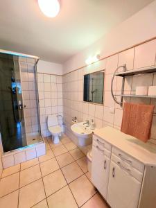 y baño con aseo, lavabo y ducha. en Marel-Apartments U SOWY Polanica Zdrój, en Polanica-Zdrój
