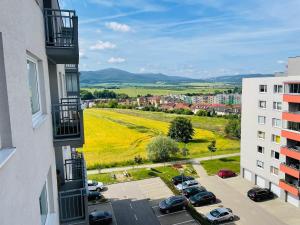 a view of a parking lot from a building at SGL apartment Liptovska with free parking in Trenčín