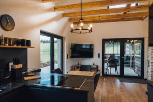 a kitchen and living room with a table and a tv at Frankenwald-Lodge in Schwarzenbach am Wald