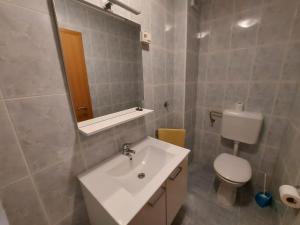 a bathroom with a sink and a toilet and a mirror at Sweet Sea Apartments in Pakoštane