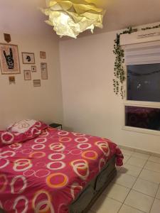 - une chambre avec un lit et une couette rouge dans l'établissement Bel appart climatisé, à Vigneux-sur-Seine
