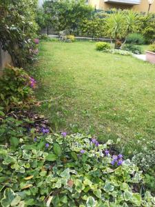 einen Garten mit lila Blumen und grünen Pflanzen in der Unterkunft A&G Apartment in Zanica