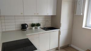 una cocina blanca con armarios blancos y fregadero en Apartament SKAMANDER, en Toruń