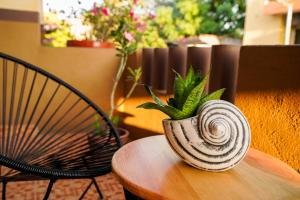 een plant in een vaas zittend op een tafel bij Hotel Casa Arena in Zihuatanejo