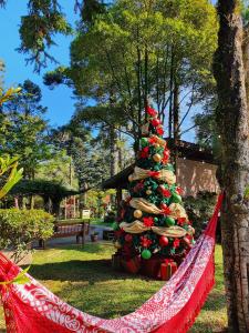 a christmas tree in a hammock in a park at Pousada Natal Encantado in Gramado