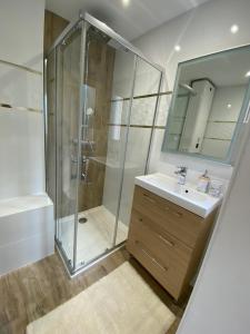 uma casa de banho com um chuveiro, um lavatório e um espelho. em +NOUVEAU+ BINIC Port ET Plage em Binic