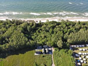 an aerial view of a house in the woods next to the beach at Dzikie Gąski in Gąski