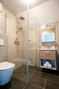 ein Bad mit einer Dusche, einem WC und einem Waschbecken in der Unterkunft Na-Ture Apartments in Zgornje Gorje