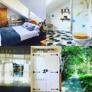 a collage of images of a bedroom with a bed and a door at Trewithian Farm Cottage in Bodmin