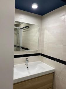 y baño con lavabo y espejo. en Capbreton Villa Patio 27m2 5 pers près port plages, en Capbreton