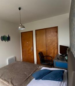 Schlafzimmer mit einem Bett, einem Schreibtisch und einem Stuhl in der Unterkunft LA MAISON DE BARLEST - LOURDES in Barlest
