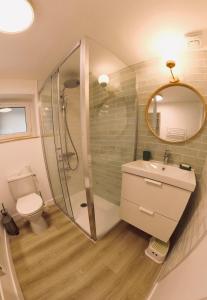 een badkamer met een douche, een wastafel en een toilet bij L'Air de la Mer, 2 chambres, 50m plage, parking in Houlgate