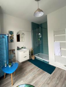 bagno con doccia e tavolo blu di LA MAISON DE BARLEST - LOURDES a Barlest