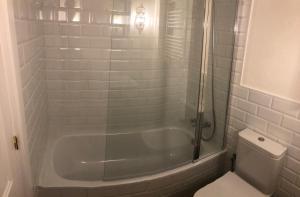 a bathroom with a shower and a tub and a toilet at La Casita de El Montán in Avilés
