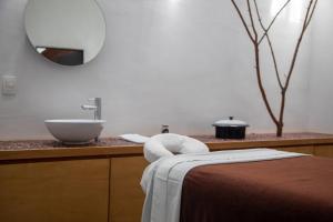 Zacualpan de Amilpas的住宿－Hotel La Casa de los Árboles Immersive Experience，一间带水槽的浴室和一个带床的柜台