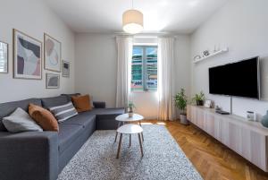 杜布羅夫尼克的住宿－51街公寓，客厅配有灰色沙发和平面电视