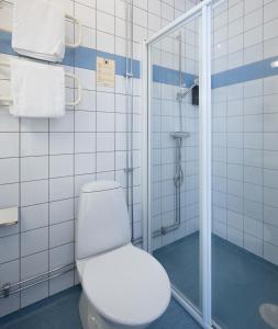 a bathroom with a toilet and a shower at Christos Hotel in Söderhamn
