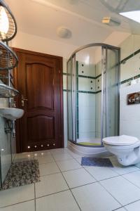 a bathroom with a toilet and a glass shower at Willa Mila in Trzęsacz +47 photos