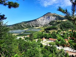 a view of a mountain with a village and trees at Le Petit Bégou in Saint-Auban-dʼOze