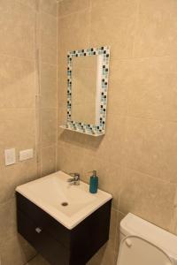 La salle de bains est pourvue d'un lavabo, d'un miroir et de toilettes. dans l'établissement Naon Arts Experience, à Buenos Aires