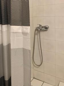 a shower with a shower curtain in a bathroom at M&M Studios in Polykhrono