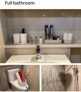 two pictures of a bathroom with a sink and a toilet at Luxury Condo in Clark Pampanga beside Hilton Hotel and Casino in Angeles