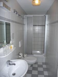 uma casa de banho com um lavatório, um WC e um chuveiro em Wengerterstube & Gästezimmer Kern em Oberderdingen