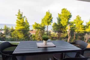 a black table with a potted plant on a balcony at Pine Resort in Polychrono
