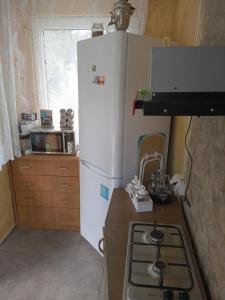 eine Küche mit einem weißen Kühlschrank und einem Herd in der Unterkunft Hunter 3 in Jugów