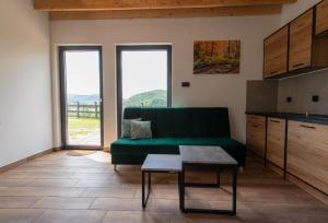 a living room with a green couch and some windows at Widokówka Myczkowce in Myczkowce
