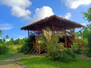 a hut with a grass roof on a field at Moalboal Eco Lodge in Moalboal