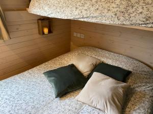 2 almohadas sentadas en una cama en una habitación en La roulotte de bonneval, en Charleval