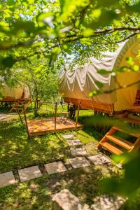 une yourte avec un lit et une tente dans l'herbe dans l'établissement Dragonfly Gardens - The Wagons, à Braşov