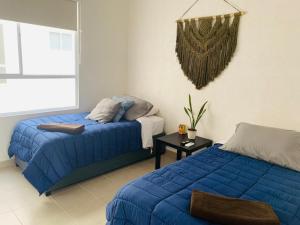 a bedroom with two blue beds and a table at Franks House Apartment "Shared House" in Cancún +23 photos