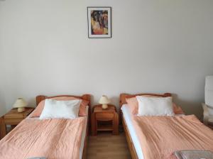 two beds in a room with two tables and a picture at Montana-Ederics Vendégház in Balatonederics