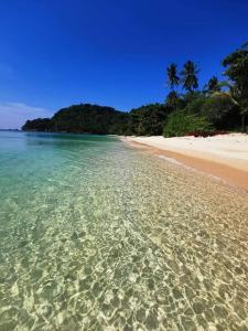 a beach with crystal clear water and palm trees at Lanta Just Come Hotel in Ko Lanta