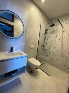 a bathroom with a shower and a toilet and a sink at Apartments Lungo Mare in Sveti Stefan