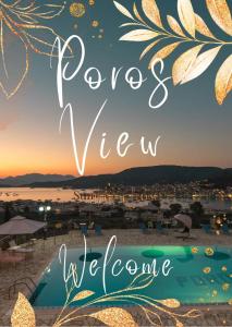 a view of a beach with the words pocos viveven welcome at Poros View in Galatas