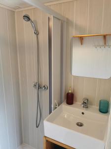 y baño con ducha y lavabo blanco. en Mobil home hors camping, en Roquebrune-sur-Argens