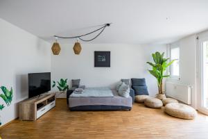 a living room with a couch and a tv at KAwaii- Big island in central location in Karlsruhe