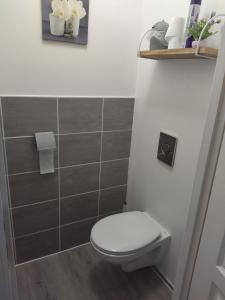 a bathroom with a white toilet and gray tiles at appartement 8 couchages 3 chambres in Sens