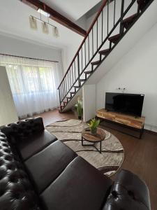 a living room with a black leather couch and a television at Apartament in regim hotelier Queen Medias in Mediaş
